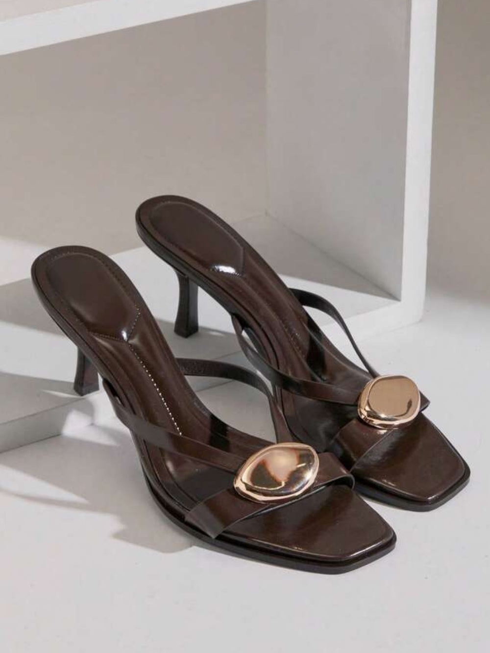 Faux Leather gold hardware metal Accent Slide heeled open toe heels Dark Brown - Picture 3 of 4